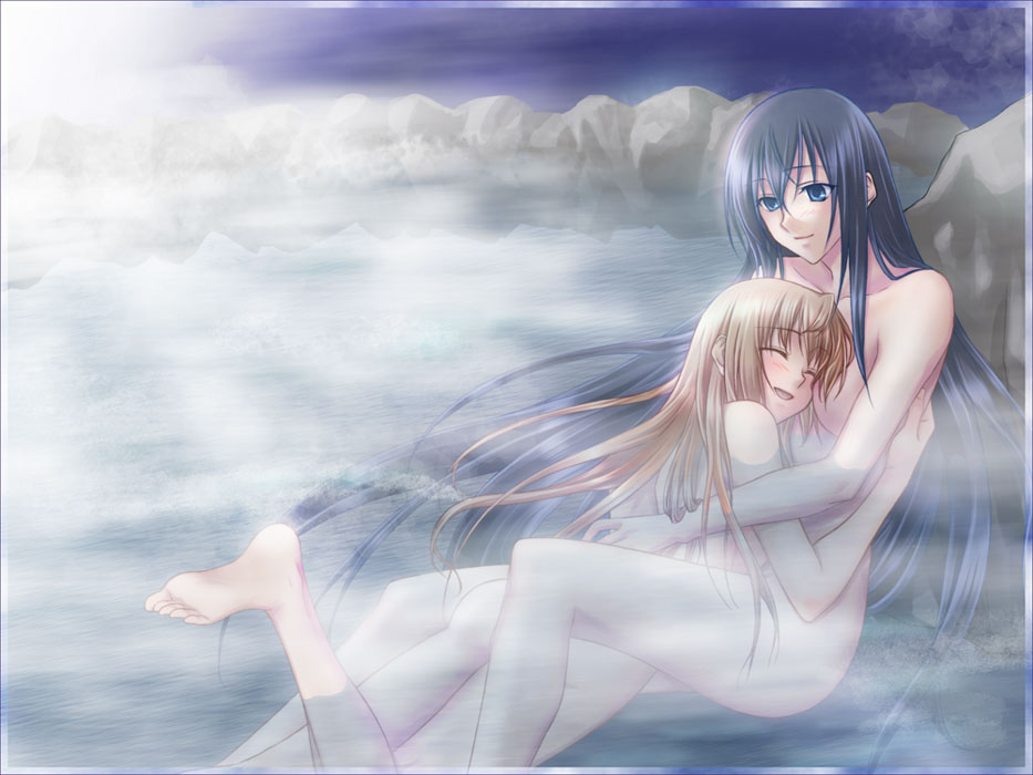 fervent idiot, himemiya chikane, kurusugawa himeko, kannazuki no miko, 00s, 2girls, barefoot, closed eyes, couple, fog, happy, hug, long hair, lying, multiple girls, nude, onsen, sitting, smile, water, yuri