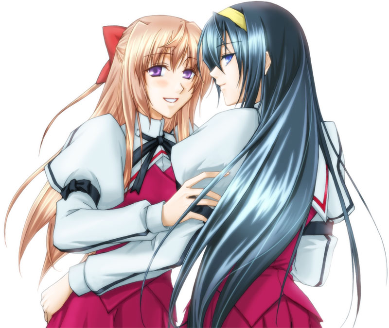 fervent idiot, himemiya chikane, kurusugawa himeko, kannazuki no miko, light brown hair, 00s, 2girls, :d, black bow, black hair, blue eyes, blue hair, blush, bow, bowtie, closed mouth, couple, cowboy shot, female focus, from behind, grin, hair between eyes, hair bow, hairband, half updo, happy, hug, juliet sleeves, long hair, long sleeves, looking at viewer, looking back, looking to the side, multiple girls, naughty face, open mouth, parted lips, pleated skirt, puffy long sleeves, puffy sleeves, purple eyes, red bow, red ribbon, red skirt, ribbon, shirt, simple background, skirt, smile, standing, teeth, white background, white shirt, yellow hairband, yuri