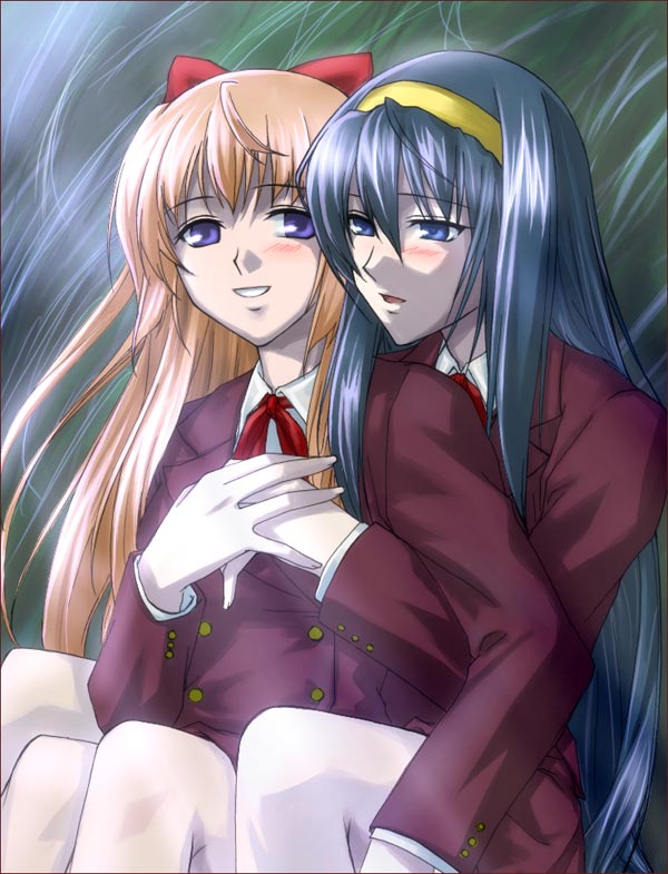 fervent idiot, himemiya chikane, kurusugawa himeko, kannazuki no miko, 00s, 2girls, blazer, blue eyes, blush, bow, bowtie, couple, grabbing another's breast, grass, groping, guided breast grab, guiding hand, hair between eyes, hair bow, hairband, hand on another's chest, holding hands, jacket, moonlight, multiple girls, night, open mouth, purple eyes, school uniform, sitting, smile, yuri