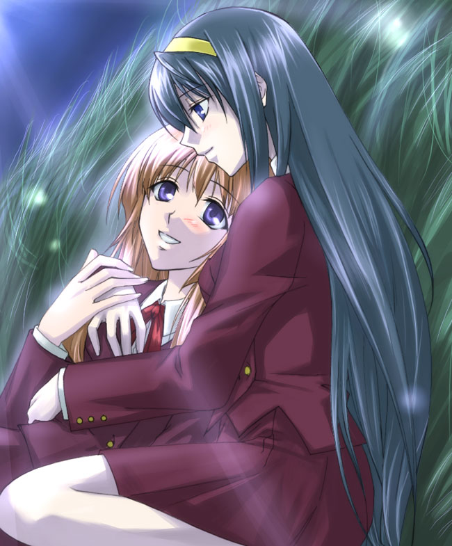 fervent idiot, himemiya chikane, kurusugawa himeko, kannazuki no miko, light brown hair, red neckwear, 00s, 2girls, alternate costume, blazer, blue eyes, blue hair, blush, bow, bowtie, closed mouth, couple, eye contact, female focus, grass, grin, hair between eyes, hairband, happy, head down, holding hands, hug, jacket, long hair, looking at another, looking down, looking up, moonlight, multiple girls, neck, night, night sky, outdoors, parted lips, profile, purple eyes, red jacket, red skirt, school uniform, sitting, skirt, sky, smile, very long hair, yellow hairband, yuri