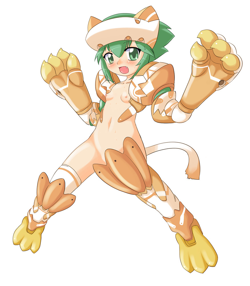 nekomanma (byougatei), maochao, busou shinki, 10s, 1girl, animal ears, blush, cat ears, cat tail, claws, female focus, green hair, nipples, nude, solo, tail, thighhighs
