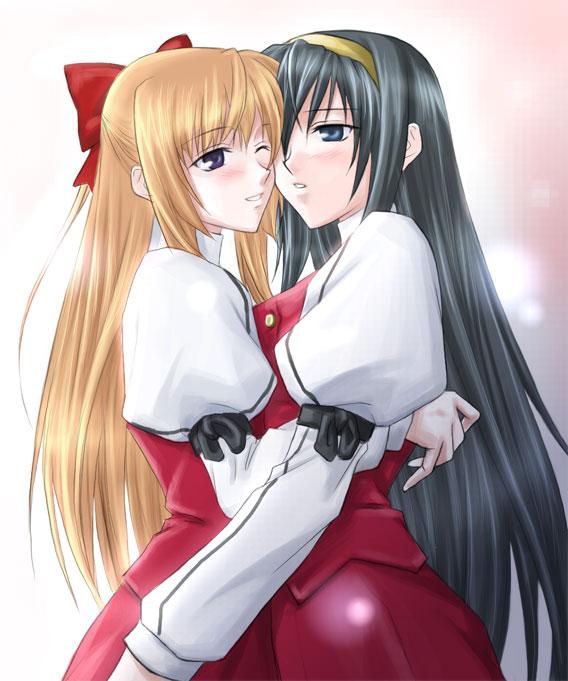 fervent idiot, himemiya chikane, kurusugawa himeko, kannazuki no miko, light brown hair, 00s, 2girls, ;d, black hair, blue eyes, blush, bow, cheek-to-cheek, couple, eye contact, female focus, hair between eyes, hairband, half updo, heads together, hug, imminent kiss, long hair, long sleeves, looking at another, multiple girls, one eye closed, open mouth, parted lips, puffy long sleeves, puffy sleeves, purple eyes, red bow, red ribbon, ribbon, school uniform, smile, teeth, very long hair, wink, yellow hairband, yuri