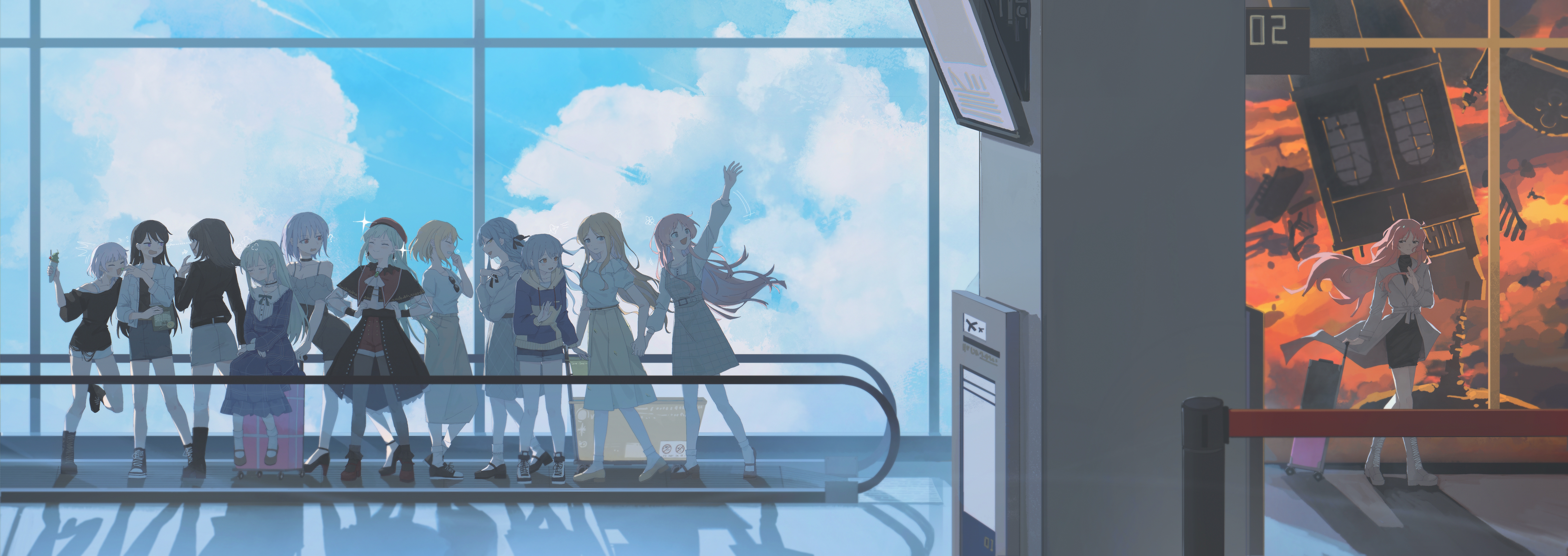 brh, kaname raana, misumi uika, mortis (bang dream!), mortis (costume) (bang dream!), mortis (persona) (bang dream!), nagasaki soyo, shiina taki, takamatsu tomori, togawa sakiko, wakaba mutsumi, yahata umiri, yuutenji nyamu, ave mujica (bang dream!), bang dream!, bang dream! it's mygo!!!!!, absurdres, chinese commentary, commentary request, highres, 6+girls, ?, airport, beret, black capelet, black choker, black hair, black jacket, black pantyhose, black shirt, black skirt, black socks, blonde hair, blue dress, blue eyes, blue hair, blue hoodie, blue shorts, blush, braid, breasts, brown eyes, brown hair, brown shoes, brown skirt, capelet, choker, cleavage, closed eyes, closed mouth, coat, dress, earrings, everyone, eye contact, floating hair, food, grey coat, grey dress, grey eyes, grey hair, grey shirt, grey skirt, hands on own hips, hat, heart, high heels, holding, holding food, holding hands, holding ice cream, hood, hood down, hoodie, ice cream, jacket, jewelry, long hair, long sleeves, looking at another, matcha (food), medium hair, moving walkway, multiple girls, mygo!!!!! (bang dream!), off-shoulder shirt, off shoulder, open mouth, orange shoes, pantyhose, pantyhose under shorts, pinafore dress, pink eyes, pink hair, plaid clothes, plaid dress, pointing, purple eyes, purple hair, red hat, red shoes, red shorts, rolling suitcase, see-through clothes, see-through sleeves, shirt, shoes, short hair, short sleeves, shorts, showgirl skirt, sidelocks, single earring, sitting, skirt, sleeping, sleeveless, sleeveless dress, socks, sparkle, split theme, standing, suitcase, sunglasses, unworn eyewear, waving, white hair, white shirt, window
