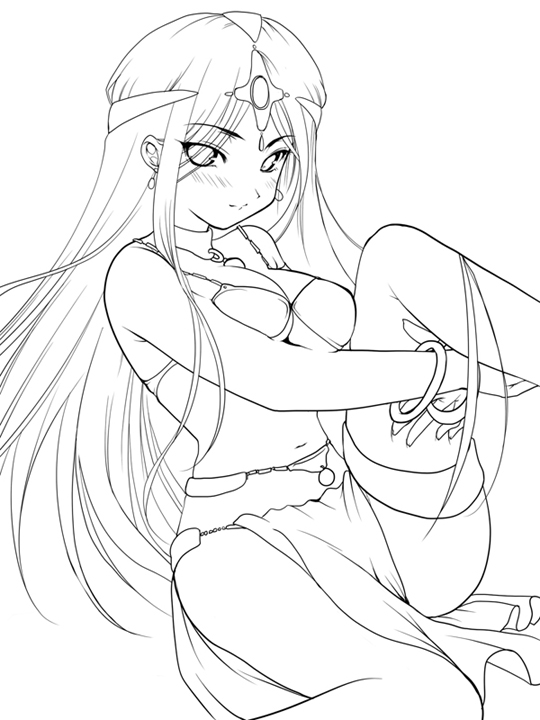 ninoko, manya (dq4), chunsoft, dragon quest, dragon quest iv, enix, 1girl, bikini, blush, bracelet, breasts, circlet, earrings, female focus, gem, greyscale, jewelry, loincloth, long hair, medium breasts, monochrome, pelvic curtain, smile, solo, swimsuit, underboob, white gemstone
