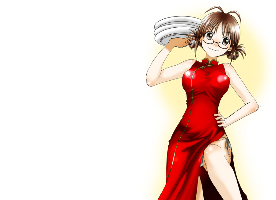 akizuki ritsuko, idolmaster, idolmaster (classic), idolmaster 1, 00s, braid, braided hair rings, china dress, chinese clothes, dress, hair rings, panties, pantyshot, simple background, solo, underwear, waitress, white background