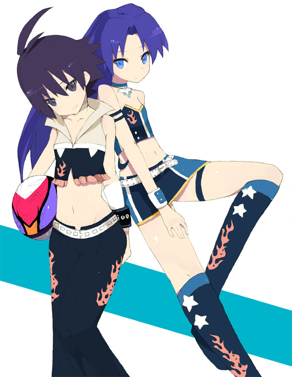 brws, kikuchi makoto, kisaragi chihaya, idolmaster, idolmaster (classic), idolmaster 1, 00s, 2girls, ahoge, antenna hair, belt, black skirt, blue eyes, blue hair, cool & sexy (idolmaster), full body, head tilt, long hair, looking at viewer, midriff, multiple girls, navel, short hair, simple background, skirt, standing, stomach, white background