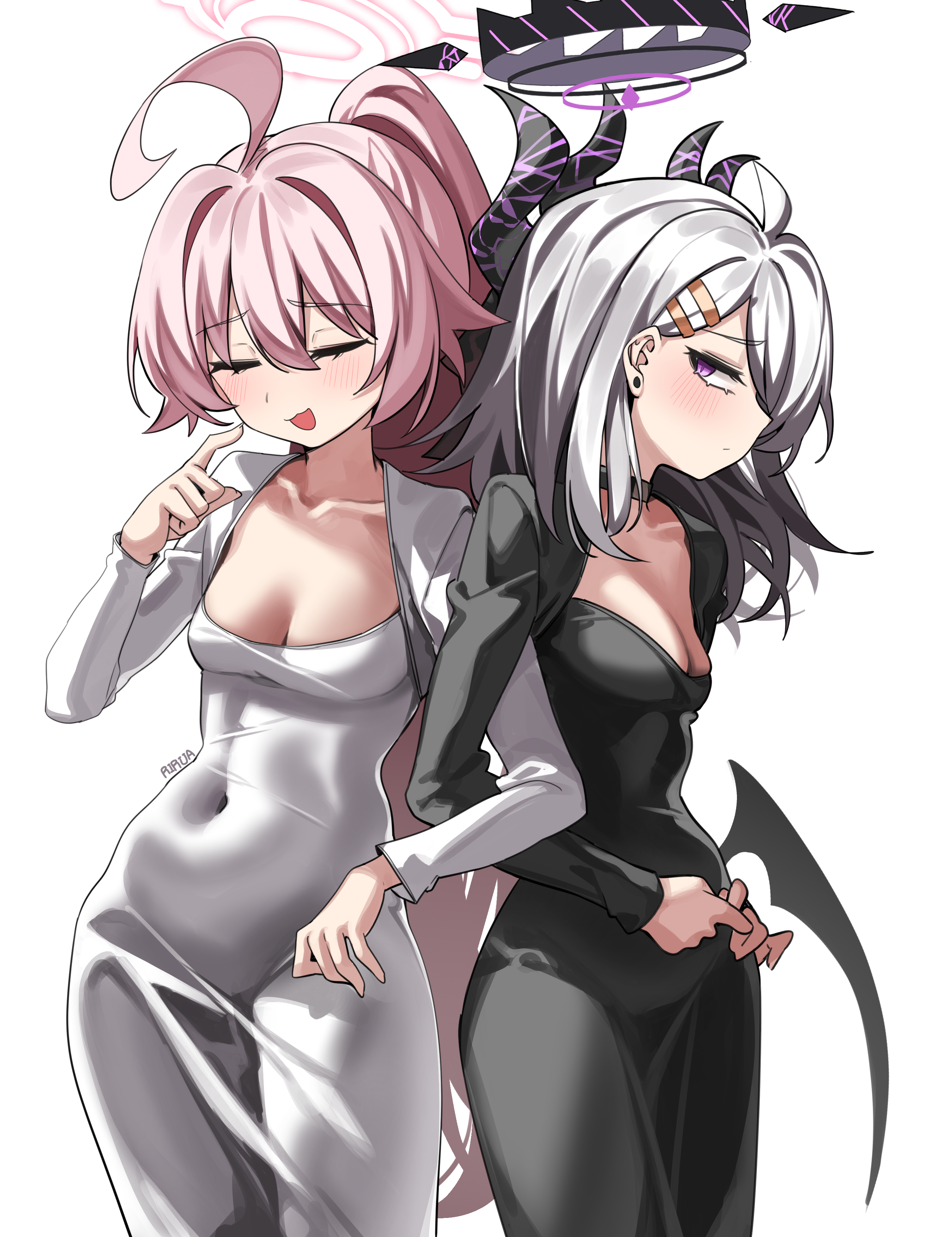rirua (kjom802), hina (blue archive), hoshino (blue archive), blue archive, absurdres, highres, 2girls, ahoge, black halo, breasts, demon girl, demon horns, demon wings, dongtan dress, halo, horns, long hair, looking at viewer, multiple girls, pink hair, pink halo, purple eyes, small breasts, standing, very long hair, white hair, wings