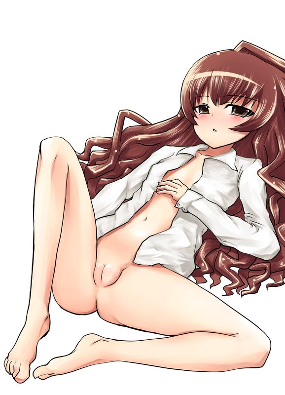 aisaka taiga, original, toradora!, 00s, 1girl, barefoot, blush, bottomless, brown eyes, brown hair, female focus, long hair, open clothes, open shirt, pussy, shirt, solo, uncensored