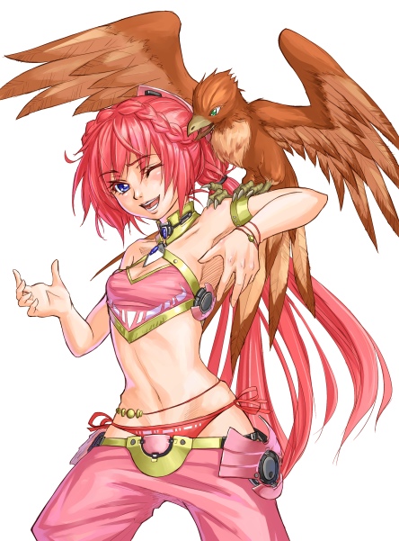 kurogin, original, 1girl, animal, animal on shoulder, bird, bird on shoulder, female focus, midriff, pants, pink hair, solo