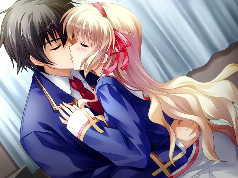 tsukasa yuuki, mochizuki nayuta, amber quartz, game cg, non-web source, 1boy, 1girl, blonde hair, blush, closed eyes, hairband, hug, kiss, long hair, red hairband, school uniform