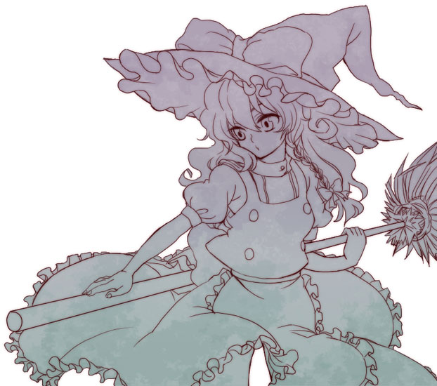 yonko, kirisame marisa, touhou, 1girl, braid, broom, dress, female focus, hat, long hair, monochrome, simple background, solo, white background, witch, witch hat