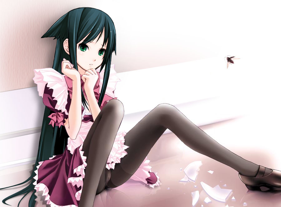 saya (saya no uta), nitroplus, saya no uta, third-party edit, 1girl, black hair, crotch seam, female focus, green hair, long hair, maid, panties, panties under pantyhose, pantyhose, pantyshot, sitting, solo, underwear, upskirt