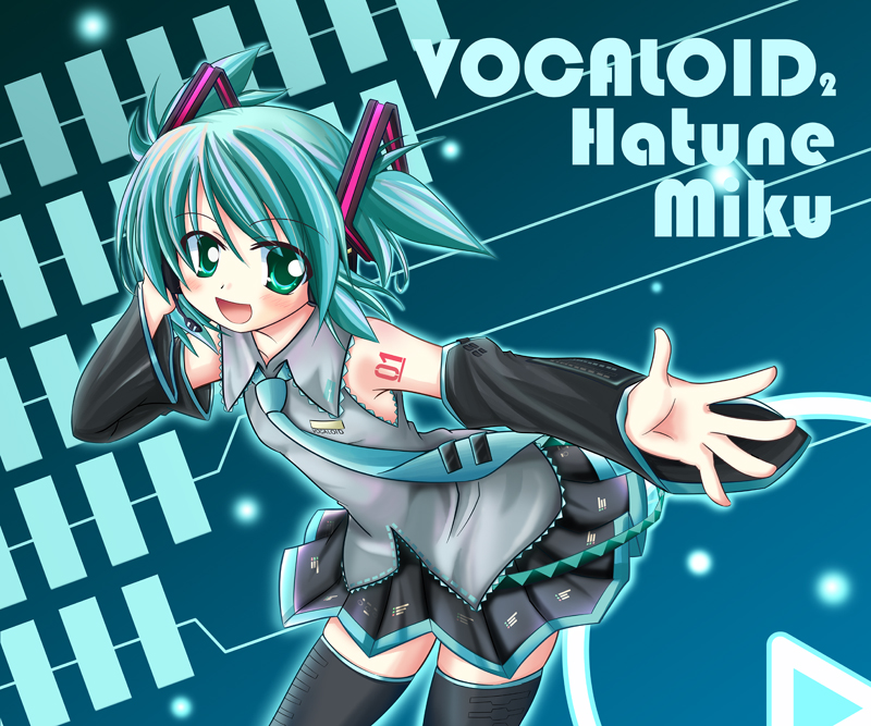 makino (ukiuo), hatsune miku, vocaloid, 1girl, aged down, aqua hair, aqua necktie, blouse, blue background, boots, character name, collared shirt, copyright name, detached sleeves, female focus, frilled shirt, frills, grey shirt, hand on headphones, headphones, necktie, shirt, short hair, sleeveless, sleeveless shirt, solo, swept bangs, tattoo, thigh boots, thighhighs, zettai ryouiki