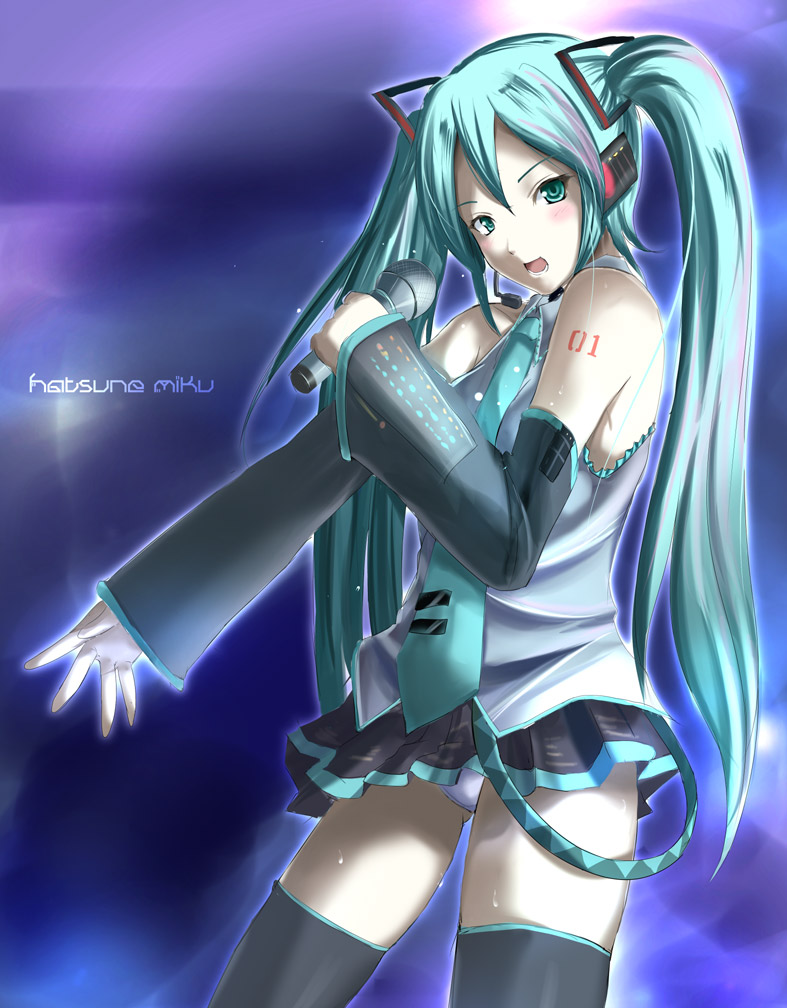 c-wing, hatsune miku, vocaloid, 1girl, aqua eyes, aqua hair, aqua necktie, black thighhighs, blouse, boots, character name, collared shirt, female focus, frilled shirt, frills, grey shirt, hair between eyes, long hair, necktie, panties, pantyshot, purple background, shirt, sleeveless, sleeveless shirt, solo, tattoo, thigh boots, thighhighs, twintails, underwear, very long hair, white panties, zettai ryouiki