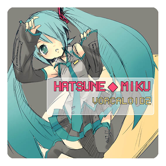 hatsune miku, vocaloid, 1girl, aqua eyes, aqua hair, aqua necktie, blouse, boots, character name, collared shirt, copyright name, female focus, grey background, grey shirt, hair over one eye, knees together feet apart, long hair, necktie, rounded corners, shirt, sleeveless, sleeveless shirt, solo, thigh boots, thighhighs, twintails, typo, very long hair, zettai ryouiki
