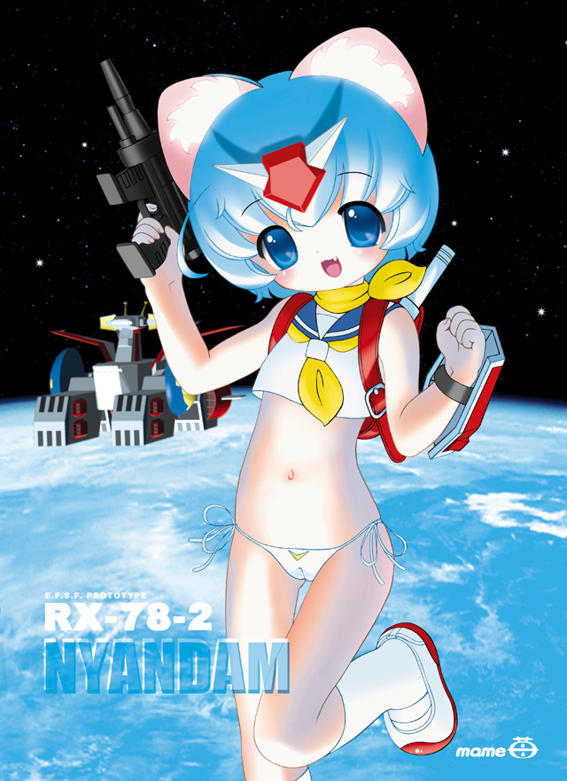 kleine erdbeere, mame ichigo, gundam, 1girl, animal ears, backpack, bag, blue hair, blush, cameltoe, cat ears, fang, female focus, laughing, loli, midriff, panties, parody, randoseru, scarf, school uniform, serafuku, short hair, side-tie panties, solo, underwear, white panties