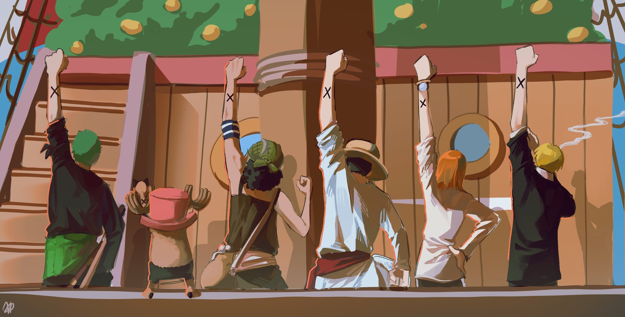 only op2024, going merry, monkey d. luffy, nami (one piece), roronoa zoro, sanji (one piece), tony tony chopper, usopp, one piece, commentary request, highres, korean commentary, 1girl, 5boys, antlers, arm up, bangle, black hair, black jacket, blonde hair, bracelet, brown fur, brown overalls, cowboy shot, cross, food, from behind, fruit, green hair, hand on own hip, haramaki, hat, horns, jacket, jewelry, log pose, mandarin orange, multiple boys, orange hair, orange tree, outdoors, overalls, pink hat, pirate ship, red sash, reindeer antlers, reindeer boy, sash, shirt, short hair, straw hat, straw hat pirates, white shirt, wooden stairs