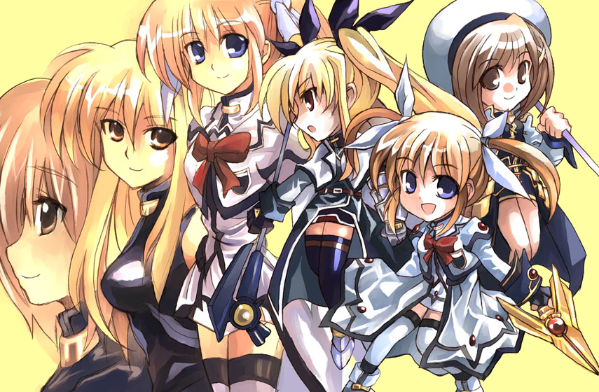 kouno hikaru, bardiche (nanoha), fate testarossa, raising heart, schwertkreuz, takamachi nanoha, yagami hayate, lyrical nanoha, mahou shoujo lyrical nanoha, mahou shoujo lyrical nanoha strikers, looking away, uniform, 00s, 3girls, aged down, aged up, bad anatomy, bad proportions, beret, blonde hair, blue eyes, bow, breasts, brown hair, buckle, chibi, dual persona, fingerless gloves, gloves, hair ornament, hair ribbon, hat, jacket, large breasts, long hair, looking at viewer, magical girl, multiple girls, open clothes, open jacket, open mouth, poorly drawn, profile, purple eyes, red bow, red hair, ribbon, short hair, skirt, skirt set, sleeveless, smile, staff, thighhighs, time paradox, twintails, very long hair, waist cape, x hair ornament, zettai ryouiki