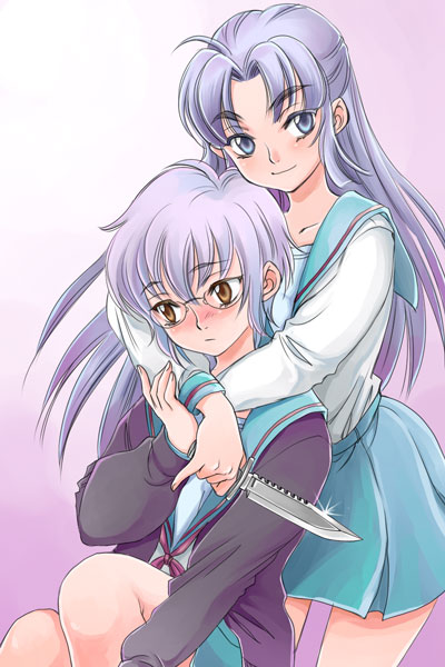 sabusuka, asakura ryoko, nagato yuki, suzumiya haruhi no yuuutsu, 00s, 2girls, ahoge, blue eyes, blue hair, blush, bob cut, cardigan, hug, hug from behind, knife, long hair, multiple girls, pleated skirt, purple hair, school uniform, serafuku, short hair, sitting, skirt, smile, very long hair, yellow eyes