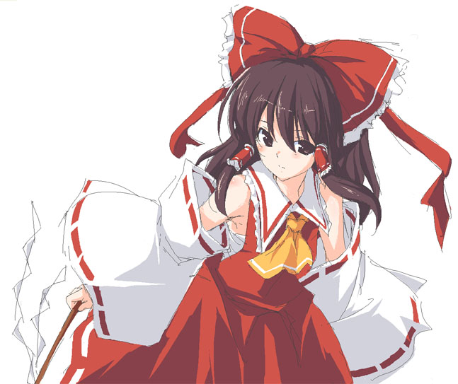 imuraya ayuka, hakurei reimu, touhou, 1girl, bow, brown eyes, brown hair, detached sleeves, female focus, hair bow, long hair, solo