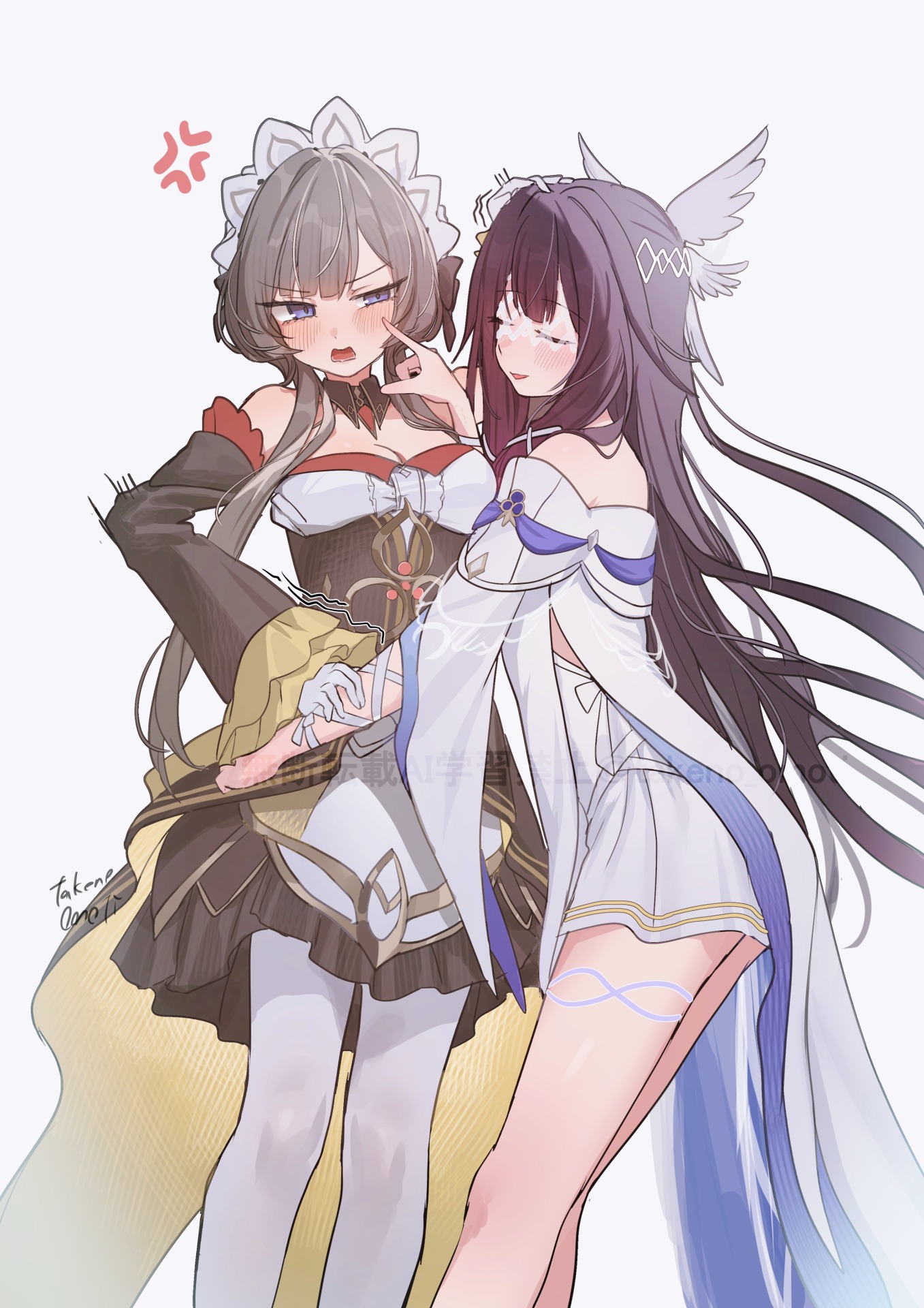 takeno omoti, columbina (genshin impact), sandrone (genshin impact), genshin impact, highres, 2girls, anger vein, black hair, blush, breasts, brown hair, cleavage, closed eyes, detached collar, dress, feathered wings, finger to another's cheek, gloves, hair ribbon, hand on another's head, head wings, long hair, long sleeves, looking at another, medium breasts, multiple girls, multiple wings, open mouth, pantyhose, purple eyes, ribbon, sidelocks, simple background, smile, very long hair, white background, white dress, white gloves, white pantyhose, white ribbon, wide sleeves, wings