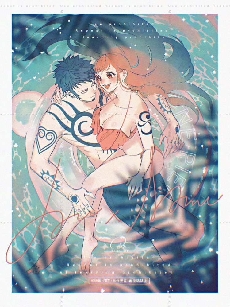 yum xoxo yum, nami (one piece), trafalgar law, one piece, commentary request, 1boy, 1girl, arm tattoo, bare legs, barefoot, bikini, black hair, blurry, blurry foreground, blush, breasts, brown eyes, chest tattoo, cleavage, crossed legs, earrings, facial hair, feet, from above, full body, halterneck, hand on another's shoulder, hand tattoo, huge breasts, jewelry, long hair, looking at another, male swimwear, open mouth, orange bikini, orange hair, outdoors, pearl earrings, shoulder tattoo, sitting, sitting on lap, sitting on person, soaking feet, stomach, summer, swim ring, swim trunks, swimsuit, tattoo, topless male, twitter username, water, wet, wet hair