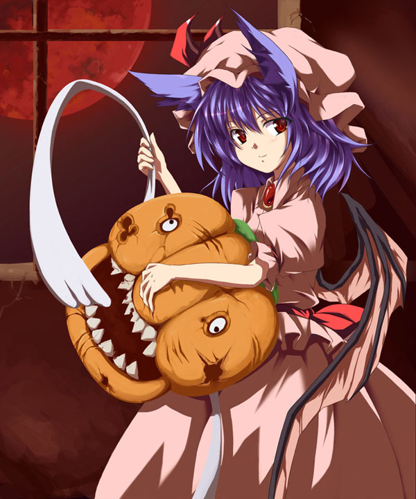 imuraya ayuka, remilia scarlet, spoo, okaasan to issho, touhou, 1girl, animal ears, bat wings, blue hair, cat ears, cat girl, female focus, full moon, hat, jack-o'-lantern, kemonomimi mode, moon, pink hat, pumpkin, red eyes, red moon, solo, wings