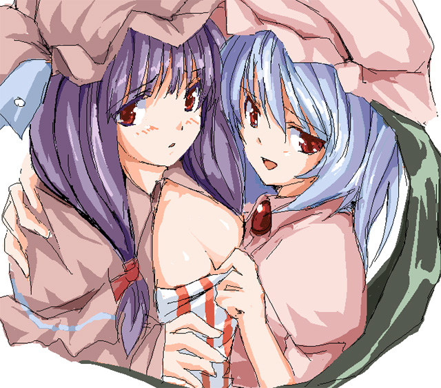 imuraya ayuka, patchouli knowledge, remilia scarlet, touhou, eyebrows, 2girls, bat wings, blue hair, blush, bow, breasts, brooch, cleavage, female focus, hair bow, hat, jewelry, long hair, looking at viewer, mob cap, multiple girls, oekaki, pink hat, purple hair, red bow, red eyes, simple background, smile, tareme, upper body, wings