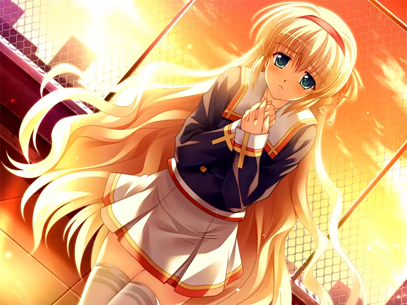tsukasa yuuki, mochizuki nayuta, amber quartz, game cg, non-web source, 1girl, blonde hair, closed mouth, evening, furrowed brow, green eyes, hairband, kneehighs, long hair, red hairband, rooftop, school uniform, skirt, socks