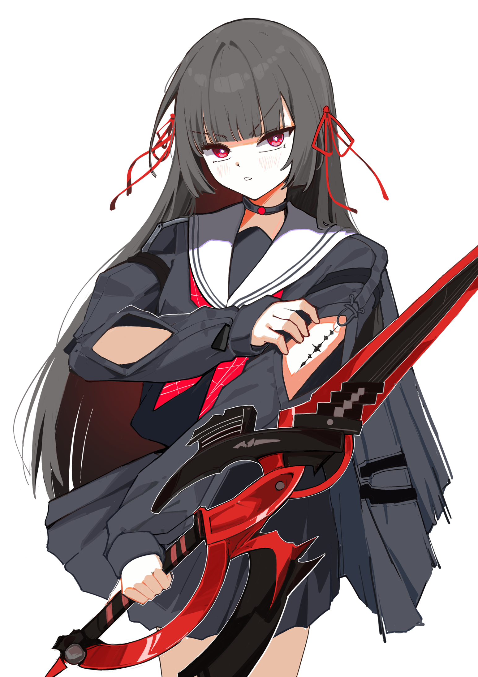 yusuriru202, chisa (wuthering waves), wuthering waves, commentary, highres, 1girl, arm cutout, black choker, black hair, black serafuku, black shirt, black skirt, blunt bangs, choker, clothing cutout, cowboy shot, hair ribbon, holding, holding sword, holding weapon, light blush, long hair, long sleeves, looking at viewer, neckerchief, parted lips, red eyes, red neckerchief, red ribbon, ribbon, sailor collar, school uniform, serafuku, shirt, simple background, skirt, solo, sword, tacet mark (wuthering waves), v-shaped eyebrows, weapon, white background, white sailor collar