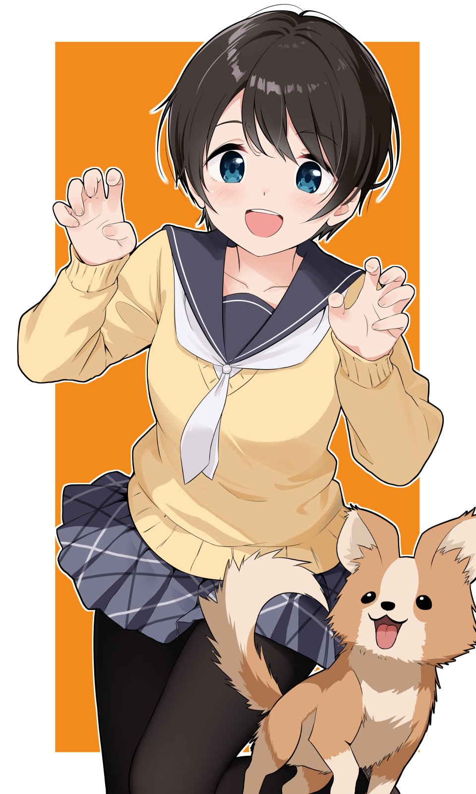 azumawari (azumofu), chikuwa (yurucamp), saitou ena, yurucamp, commentary request, highres, 1girl, black hair, black pantyhose, black sailor collar, blue eyes, blush, border, chihuahua, claw pose, collarbone, dog, grey sailor collar, grey skirt, long sleeves, looking at viewer, miniskirt, motosu school uniform, neckerchief, open mouth, orange background, outline, outside border, pantyhose, plaid clothes, plaid skirt, pleated skirt, sailor collar, school uniform, serafuku, short hair, skirt, smile, sweater, teeth, upper teeth only, white border, white neckerchief, white outline, yellow sweater