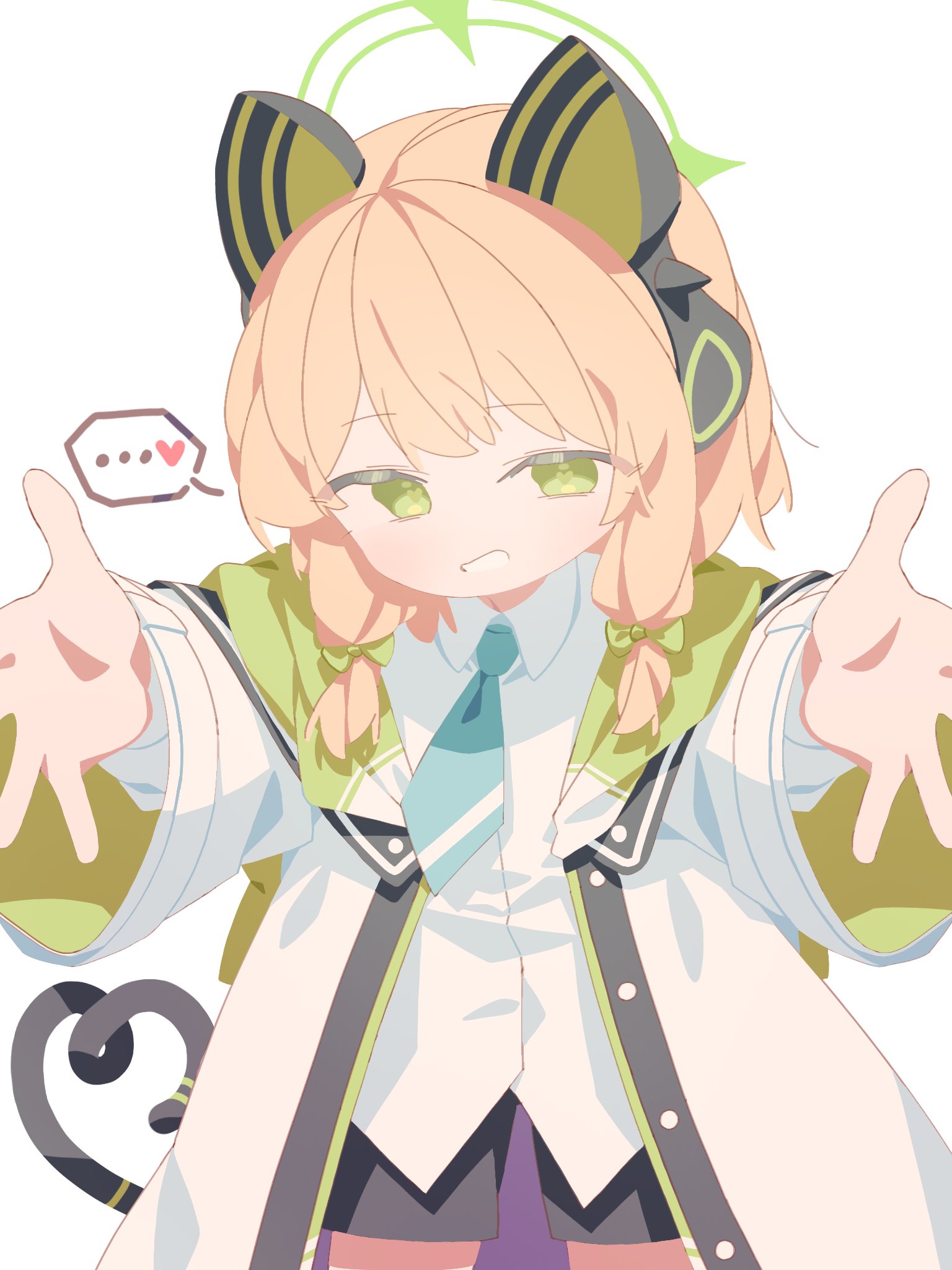 aimpoleume, midori (blue archive), blue archive, highres, …, 1girl, animal ear headphones, animal ears, black shorts, blonde hair, blue necktie, bow, buttons, cat ear headphones, cat ears, cat tail, collared shirt, cowboy shot, fake animal ears, fake tail, green bow, green eyes, green halo, green jacket, hair bow, halo, headphones, heart, heart-shaped pupils, heart tail, hood, hood down, hooded jacket, jacket, layered sleeves, light blush, long sleeves, looking at viewer, low-tied sidelocks, multicolored jacket, necktie, open clothes, open jacket, palms, purple jacket, reaching, reaching towards viewer, school uniform, shirt, short hair, short hair with long locks, shorts, sidelocks, simple background, solo, speech bubble, spoken ellipsis, spoken heart, symbol-shaped pupils, tail, two-sided fabric, two-sided jacket, unbuttoned, untucked shirt, white background, white jacket, white shirt, wide sleeves