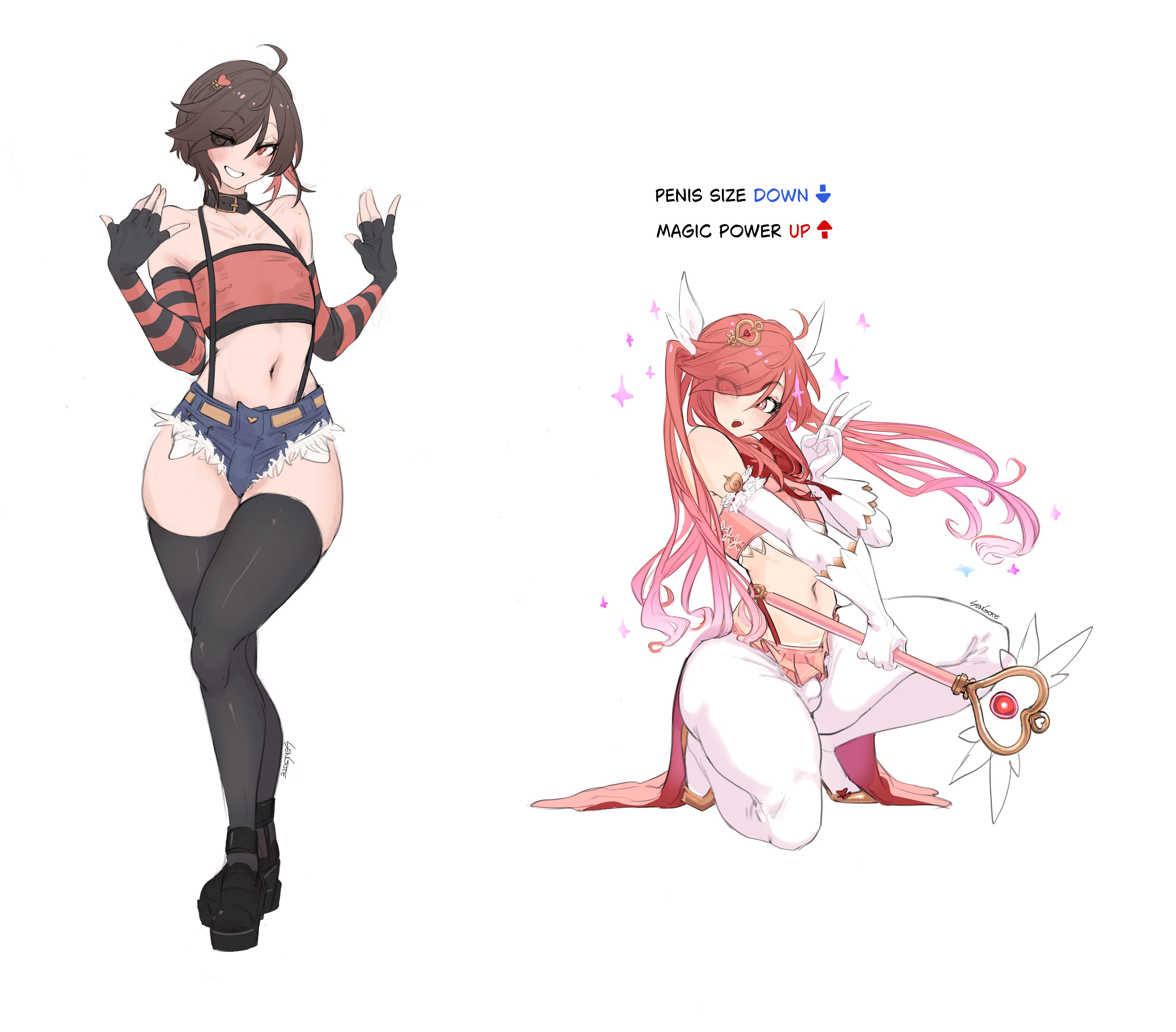 sengote, original, absurdres, highres, barbell piercing, black thighhighs, brown hair, crossdressing, crossdressing (mtf), denim, denim shorts, dual persona, gloves, heart wand, long hair, looking at viewer, magical boy, orange eyes, pantyhose, piercing, pink eyes, pink hair, pleated skirt, short hair, shorts, skirt, striped clothes, striped gloves, thighhighs, white gloves, white pantyhose