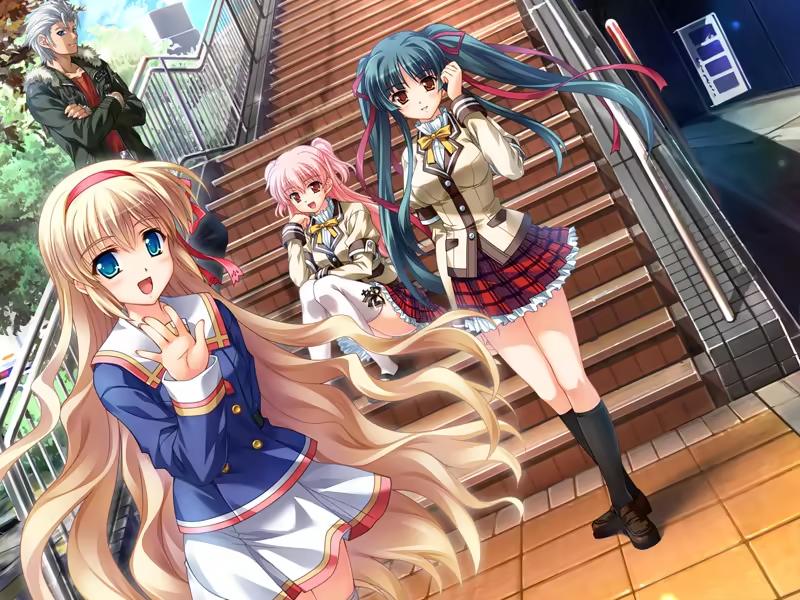 tsukasa yuuki, himeji sarina, mochizuki nayuta, tokikuni miyako, amber quartz, game cg, non-web source, 1boy, 3girls, blonde hair, blue eyes, green hair, hairband, long hair, looking at viewer, multiple girls, orange eyes, pink hair, red hairband, ribbon, school uniform, socks, twintails