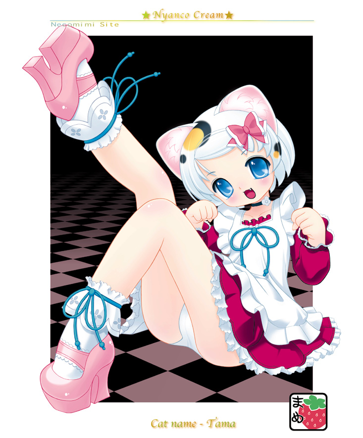kleine erdbeere, mame ichigo, 1girl, animal ears, blue eyes, cat ears, child, fang, female focus, happy, laughing, maid, panties, ribbon, solo, underwear, white hair, white panties