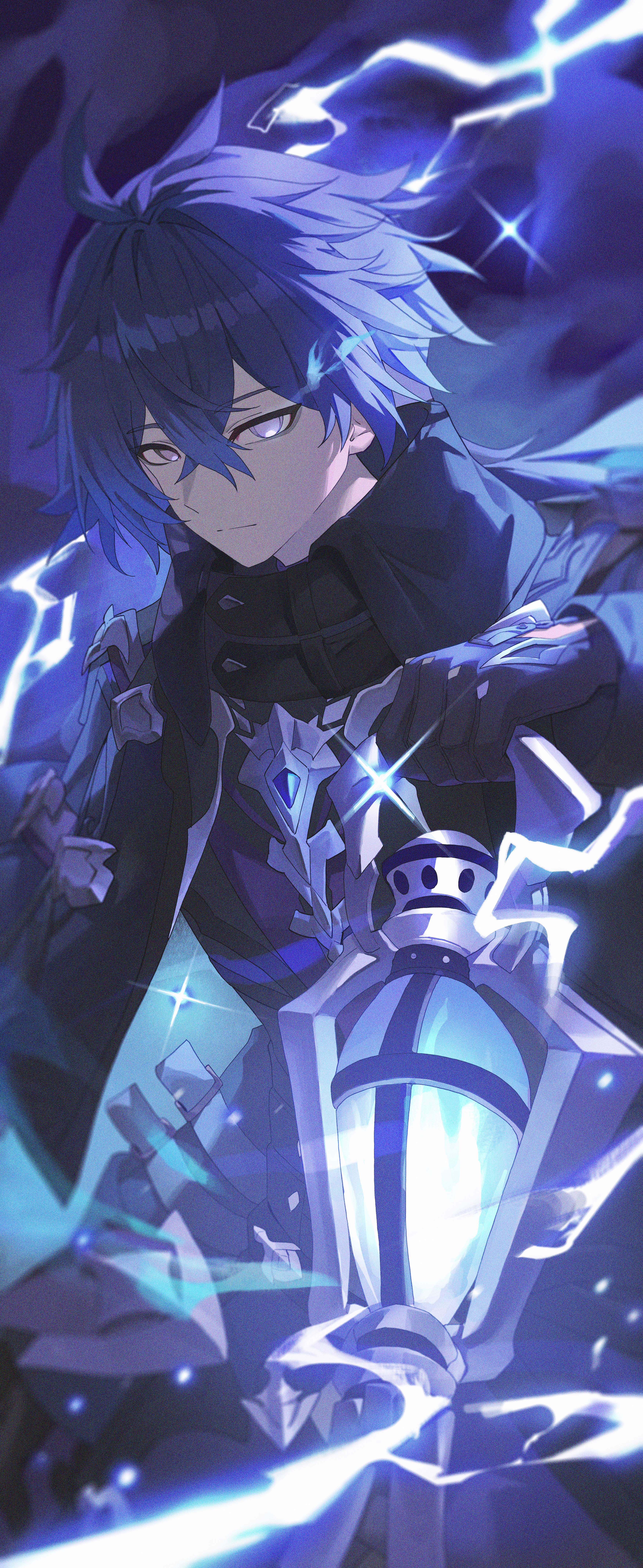 neulrain, flins (genshin impact), genshin impact, absurdres, commentary, highres, 1boy, black coat, black gloves, cable, closed mouth, coat, cowboy shot, flaming eye, gloves, hair between eyes, holding, holding lantern, lantern, long sleeves, looking at viewer, male focus, no pupils, purple eyes, purple hair, short hair, solo