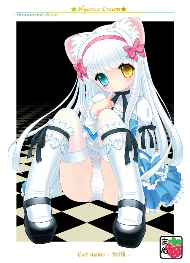 kleine erdbeere, mame ichigo, 1girl, animal ears, blush, cat ears, child, female focus, heterochromia, lolita fashion, long hair, panties, ribbon, smile, solo, underwear, white hair, white panties