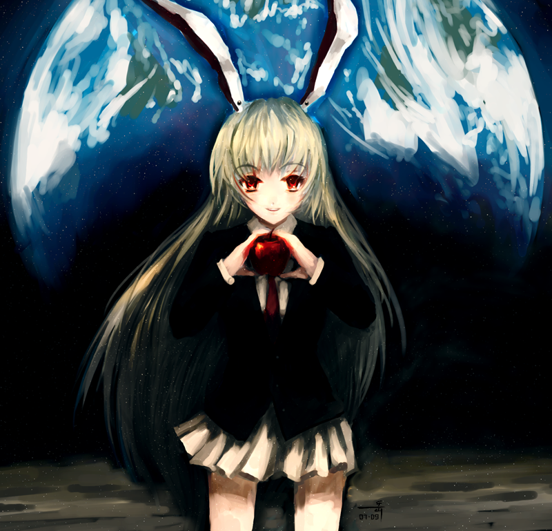 archlich, reisen udongein inaba, touhou, 1girl, animal ears, apple, earth (planet), female focus, food, fruit, holding, holding food, holding fruit, rabbit ears, red eyes, solo