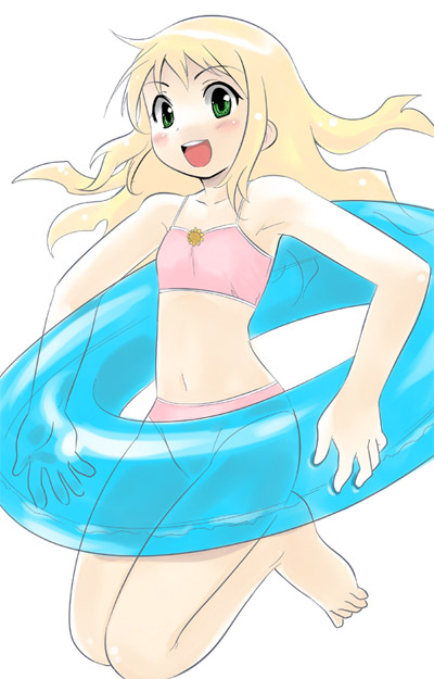 sakumo, sakumo (karatama), 1girl, bikini, female focus, flat chest, innertube, solo, swim ring, swimsuit