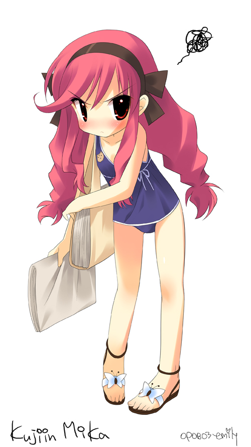 emily (pure dream), kujiin mika, kanamemo, archived source, 1girl, 2000s (style), animal print, artist name, bag, bare arms, bare legs, bare shoulders, blue one-piece swimsuit, blush, braid, brown hairband, brown ribbon, brown sandals, butterfly ornament, character name, collarbone, english text, frown, full body, hair between eyes, hairband, heart, holding, holding towel, impasto, long hair, long sidelocks, looking at viewer, low-braided long hair, low-tied long hair, no nose, official alternate costume, one-piece swimsuit, print one-piece swimsuit, red eyes, retro artstyle, ribbon, sandals, shoulder bag, sidelocks, simple background, solo, spoken squiggle, squiggle, squirrel print, swimsuit, toenails, towel, twin braids, v-shaped eyebrows, very long hair, wavy sidelocks, white background, white ribbon, yellow bag