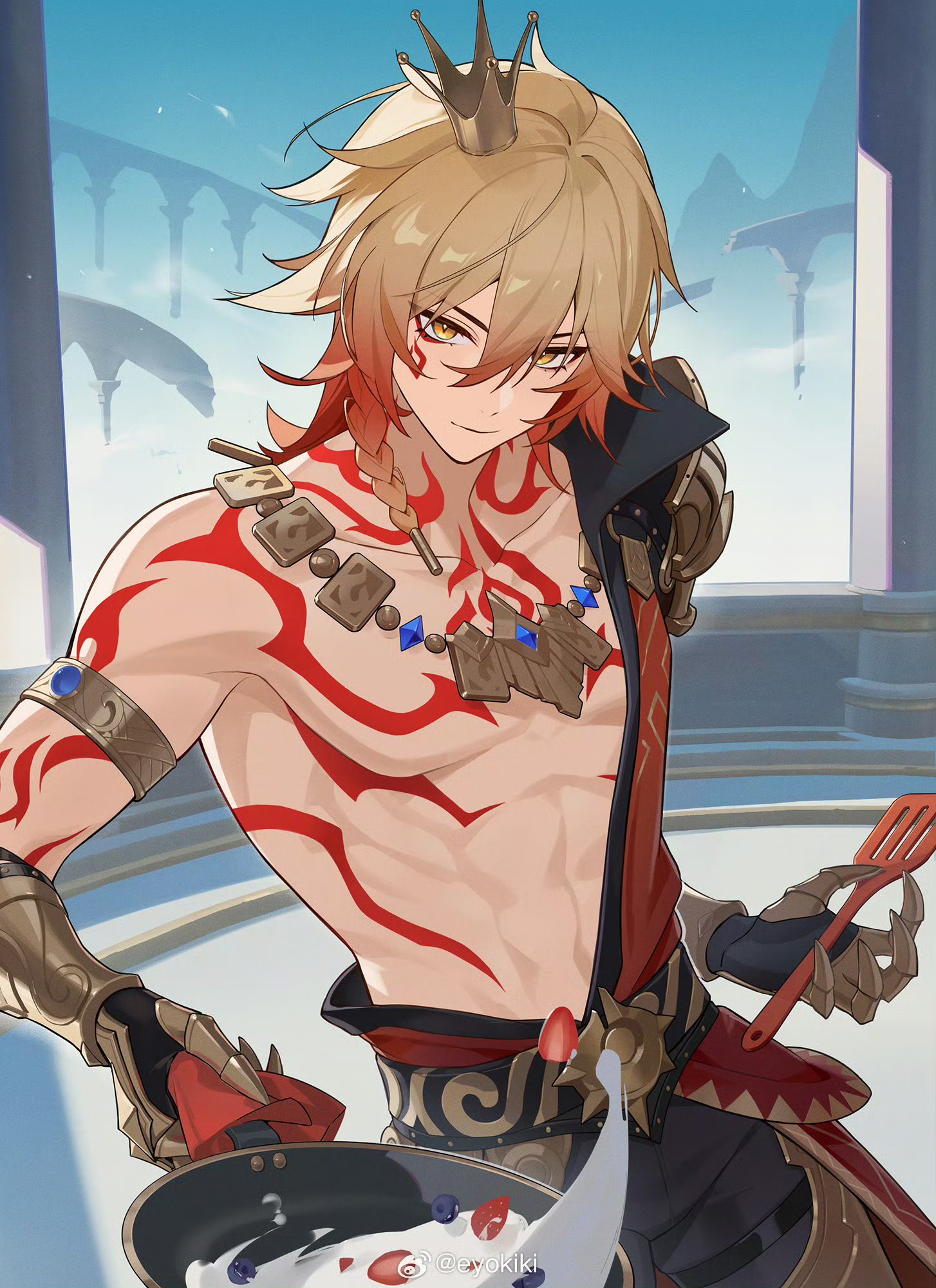 eyokiki, mydei (honkai: star rail), honkai: star rail, honkai (series), chinese commentary, commentary request, highres, 1boy, abs, arm tattoo, armlet, armor, black coat, black pants, blonde hair, braid, chest tattoo, clawed gauntlets, coat, crown, facial tattoo, frying pan, gold necklace, gradient hair, holding, holding frying pan, holding spatula, jewelry, looking at viewer, male focus, medium hair, mini crown, multicolored hair, necklace, open clothes, open coat, pants, pauldrons, red hair, red tattoo, shoulder armor, side braid, single pauldron, solo, spatula, tattoo, toned, toned male, yellow eyes