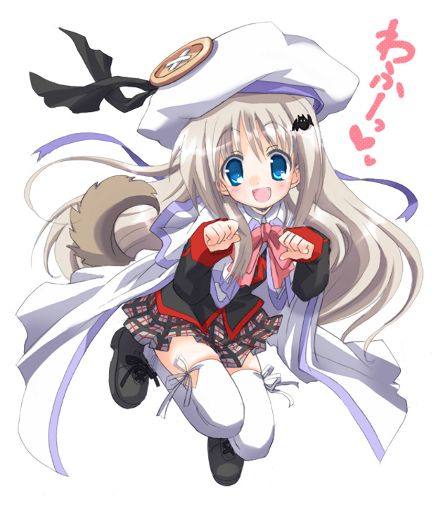 hizuki yayoi, noumi kudryavka, little busters!, silver hair, 1girl, blue eyes, bow, buttons, cape, dog tail, female focus, hat, large buttons, long hair, pink bow, plaid clothes, plaid skirt, school uniform, serafuku, skirt, solo, tail, thighhighs, zettai ryouiki