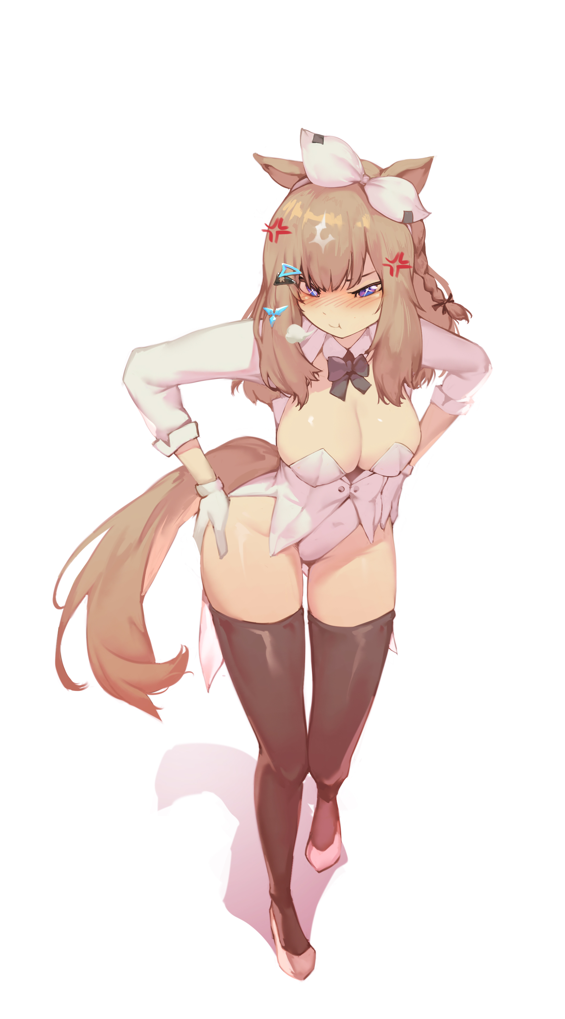 rou (rou22), almond eye (umamusume), umamusume, absurdres, highres, 1girl, alternate costume, animal ears, black thighhighs, blue eyes, braid, breasts, cleavage, full body, gloves, hands on own hips, horse ears, horse girl, horse tail, large breasts, leotard, playboy bunny, single braid, solo, standing, tail, thighhighs, thighs, white gloves, white leotard