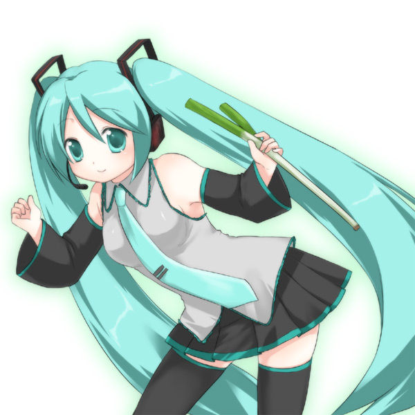 usashiro mani, hatsune miku, vocaloid, 1girl, aqua hair, aqua necktie, black thighhighs, blouse, boots, collared shirt, detached sleeves, female focus, food, grey shirt, hair between eyes, headphones, long hair, necktie, shirt, sleeveless, sleeveless shirt, solo, spring onion, standing, thigh boots, thighhighs, twintails, vegetable, very long hair, white background, zettai ryouiki