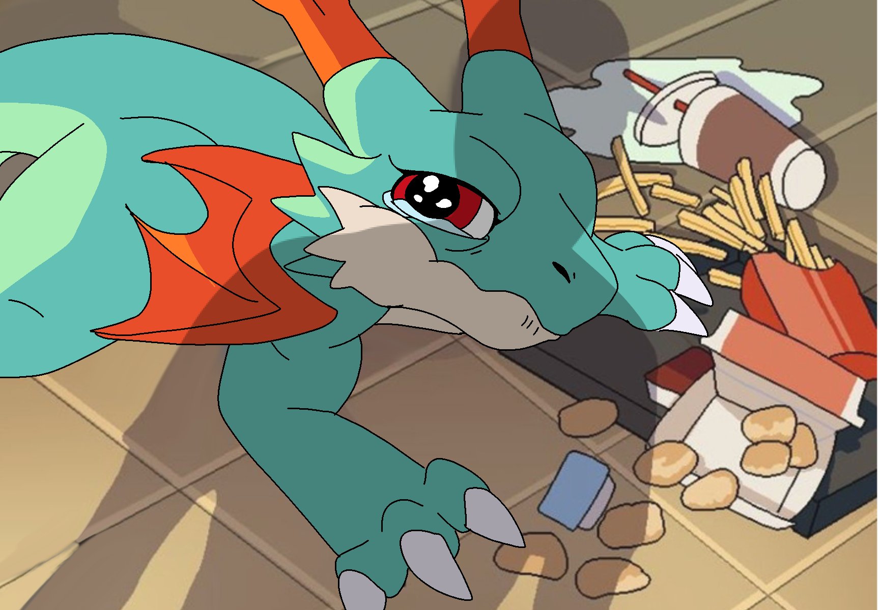 matrixdragonn, dracomon, digimon, highres, apu spills his tendies (meme), chicken nuggets, claws, cup, digimon (creature), disposable cup, food, french fries, horns, looking at viewer, meme, no humans, red horns, red wings, shadow, solo, tearing up, tile floor, tiles, wings