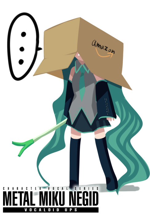 hatsune miku, amazon (company), metal gear (series), metal gear solid, vocaloid, …, 1girl, aqua hair, aqua necktie, arms at sides, black thighhighs, blouse, boots, box, cardboard box, collared shirt, female focus, food, grey shirt, long hair, necktie, parody, shirt, sleeveless, sleeveless shirt, solo, spoken ellipsis, spring onion, standing, thigh boots, thighhighs, vegetable, very long hair, white background, zettai ryouiki