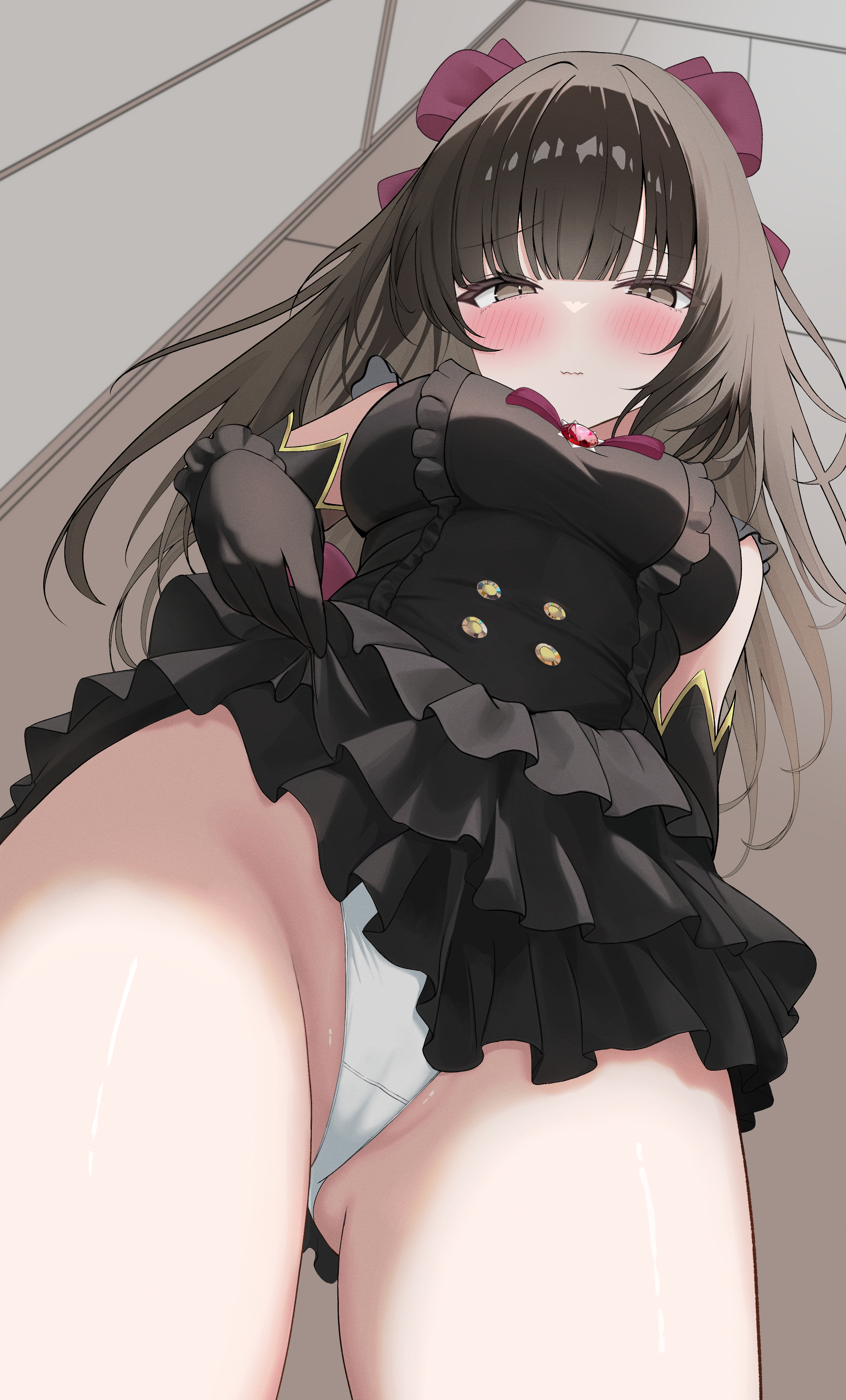 eikawa suru, original, absurdres, highres, 1girl, bare shoulders, black dress, blue gloves, blush, bow, breasts, brown eyes, brown hair, clothes lift, dress, dress lift, elbow gloves, frilled dress, frills, from below, gloves, hair bow, hair ornament, indoors, large breasts, lolita fashion, long hair, looking at viewer, miniskirt, panties, red bow, skirt, smile, solo, underwear, white panties