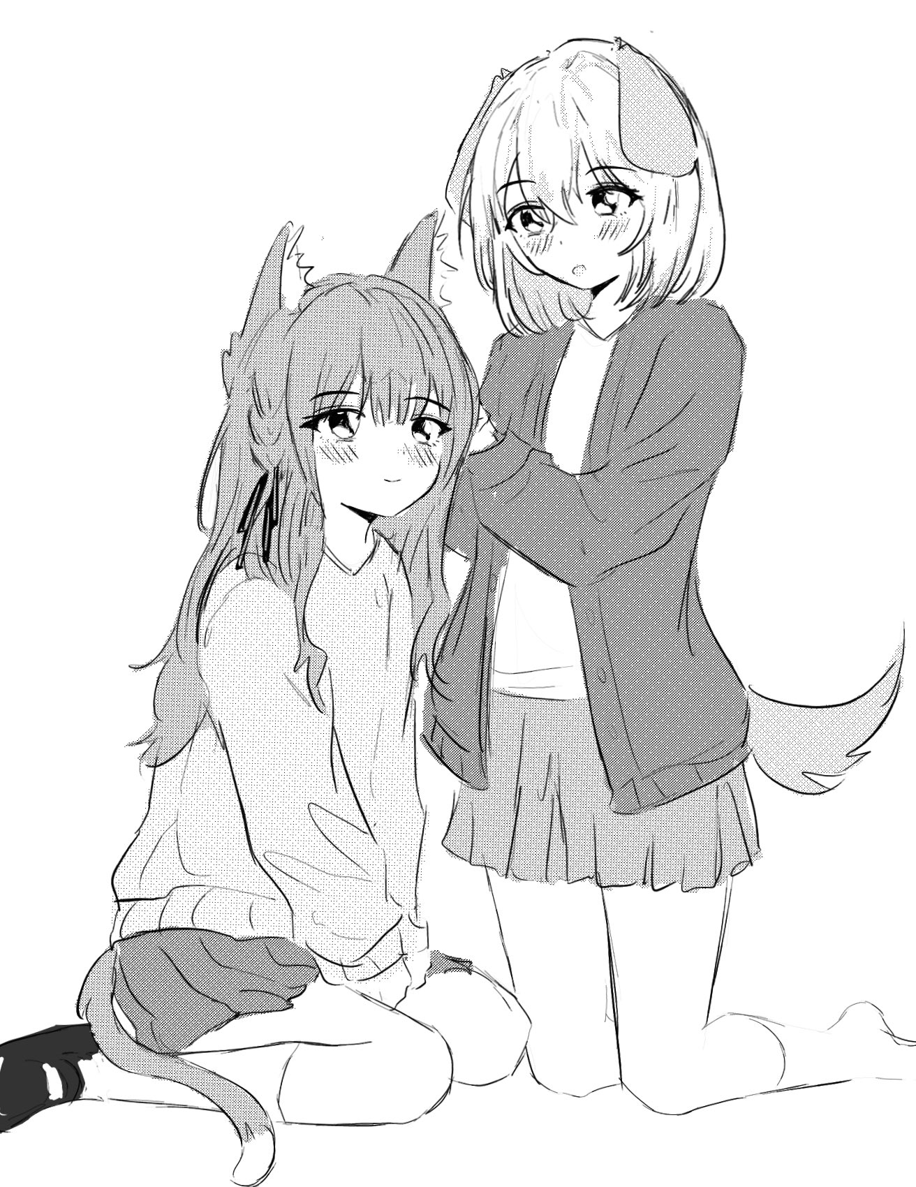 misumi uika, togawa sakiko, bang dream!, bang dream! it's mygo!!!!!, highres, 2girls, animal ears, blush, cardigan, cat ears, cat girl, cat tail, closed mouth, dog ears, dog girl, dog tail, greyscale, hair between eyes, hair ribbon, kemonomimi mode, kneehighs, kneeling, long hair, long sleeves, medium hair, monochrome, multiple girls, no shoes, open cardigan, open clothes, open mouth, pleated skirt, ribbon, skirt, socks, sweater, tail, uikays