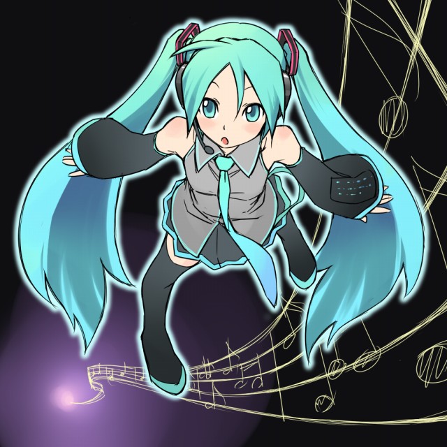 mosha, hatsune miku, vocaloid, 1girl, ahoge, aqua eyes, aqua hair, aqua necktie, arms at sides, black background, black thighhighs, blouse, boots, collared shirt, female focus, grey shirt, hair between eyes, headphones, long hair, necktie, shirt, sleeveless, sleeveless shirt, solo, thigh boots, thighhighs, twintails, very long hair, zettai ryouiki