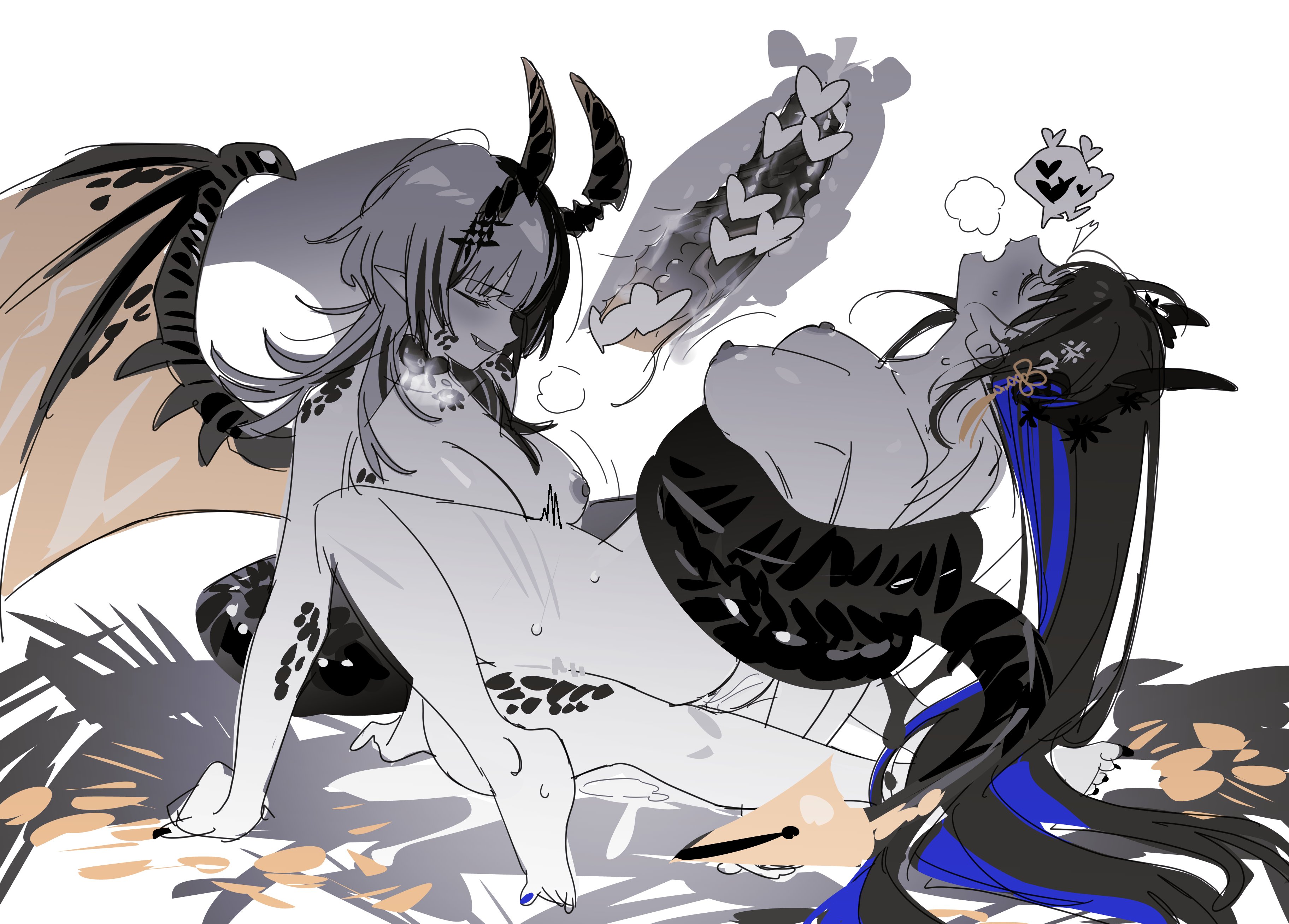 yomosaka, nerissa ravencroft, shiori novella, hololive, hololive english, absurdres, highres, asymmetrical horns, black hair, blue hair, blush, breasts, colored inner hair, cross-section, demon horns, dragon girl, dragon horns, dragon tail, dragon wings, futa with female, futanari, hair ornament, heart, horns, long hair, multicolored hair, multiple girls, scales, sex, spoken heart, sweat, tail, tail wrap, two-tone hair, very long hair, virtual youtuber, white background, wings